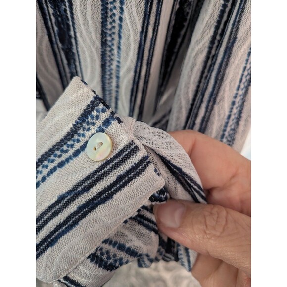 Chicos Travelers Top Womens L/2 Blue Sheer Mesh Button Up Stripe Shirt Coverup - Picture 6 of 13